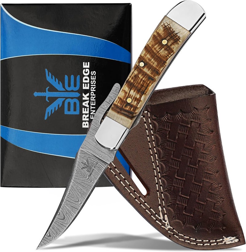 BE BREAK EDGE Handcrafted Damascus Steel Rus Lock Pocket Knife with Genuine Ram Horn Handle, Traditional Folding Blade - Image 1